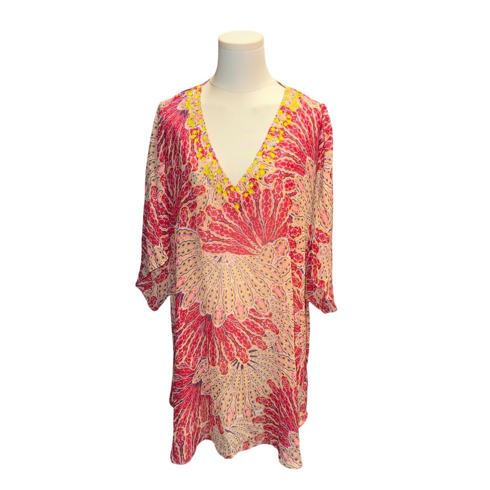 Victoria's Secret Beaded V-Neck Cover Up Dress S/P Red Pink Paisley Boho Resort